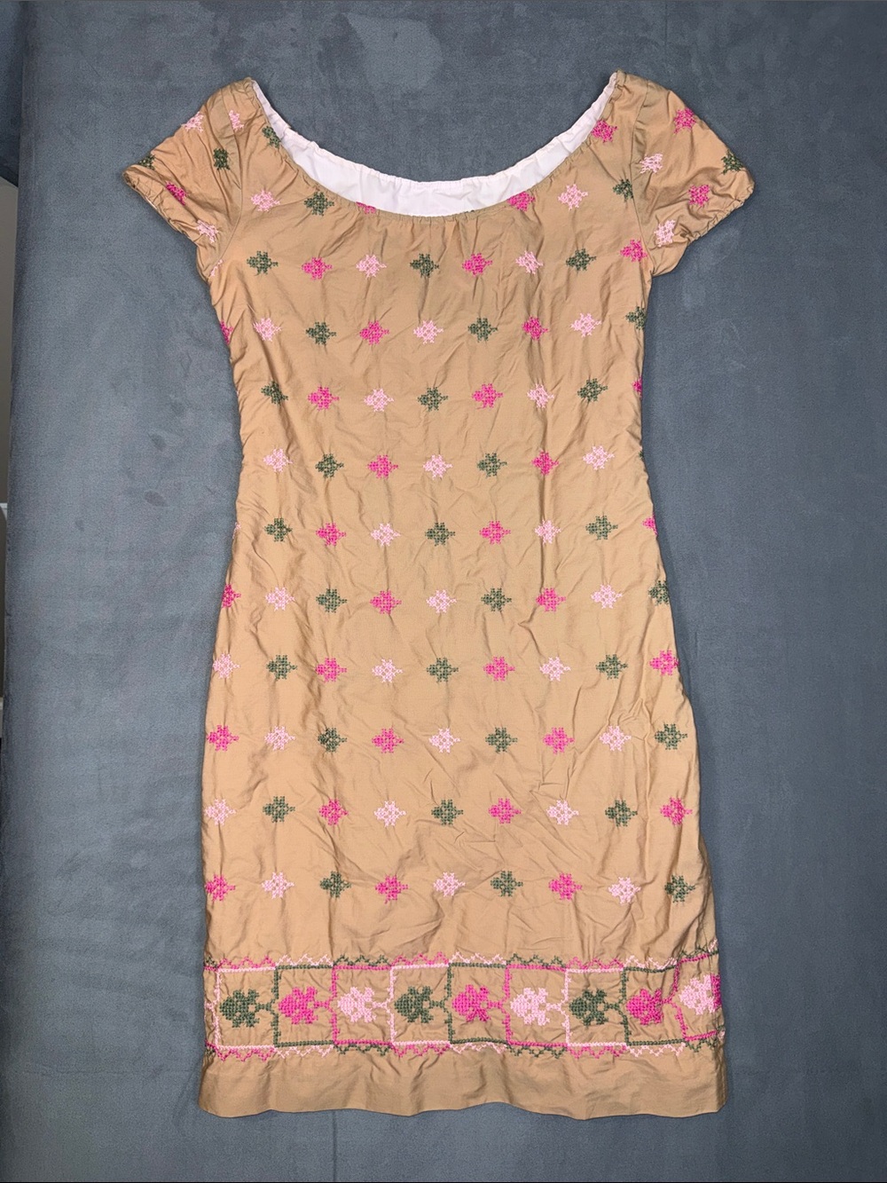 Tocca Beige Dress with Pink & Green Embroidery, size 6